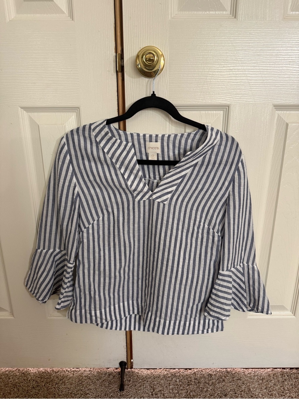 Chico’s Size 0 Blue White Striped Bell Sleeve Blouse